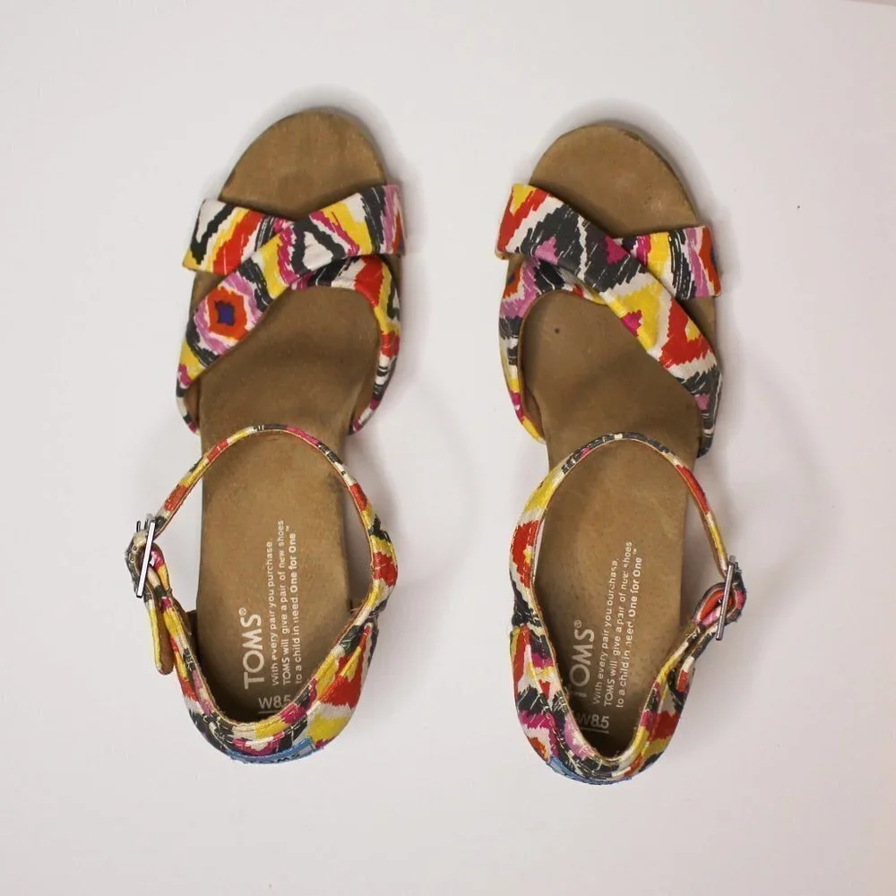 TOMS colorful Ikat‎ cork wedge sandal size 8.5